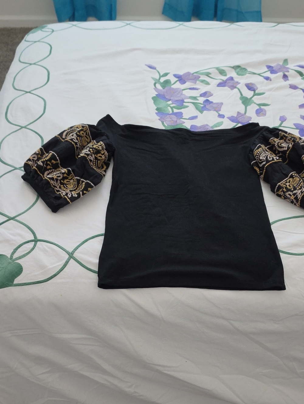 Free People Black Off-Shoulder Tunic with Gold Embroidered Puff Sleeves